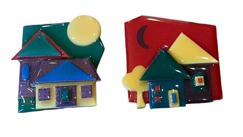 2 Vintage House Pins by Lucinda Brooch Resin 2"×2” Moon Primary Colors 1980s 3-D